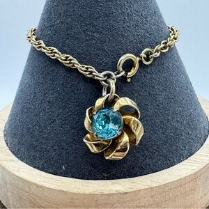Vtg MCM 1950s large aquamarine rhinestone bow flower charm dangle bracelet retro